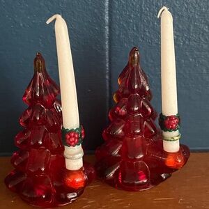 Biedermann red glass miniature tree candle holders, set of two